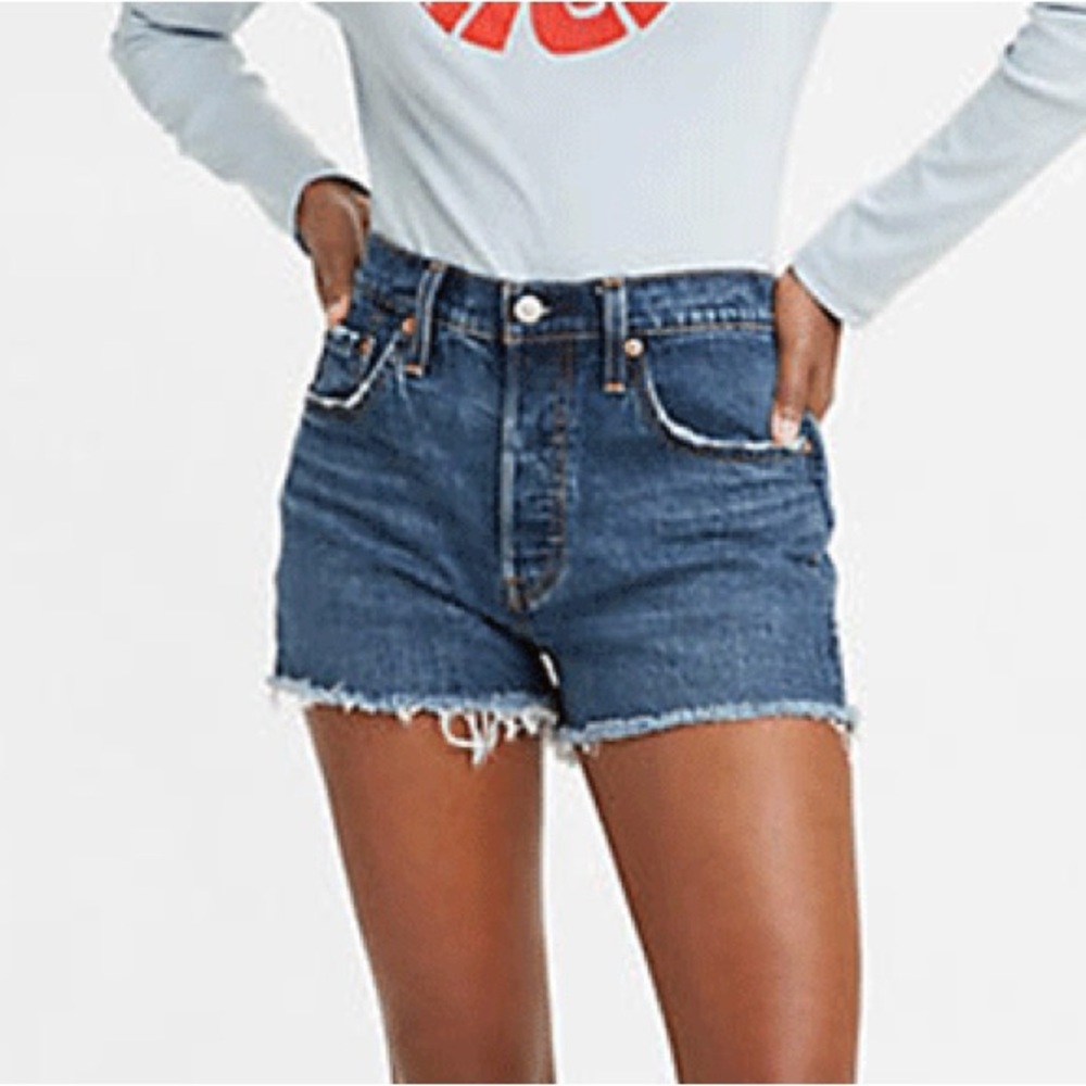 Levis 501 Original Salsa Dark Blue Distressed Frayed Denim  Button Shorts 34